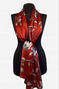  Szal 55x170cm z naturalnego jedwabiu z nadrukiem 00099, bordowy
