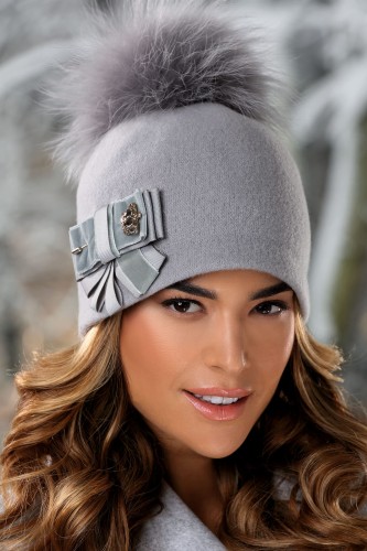 Czapka damska wełniana z pomponem KOMESA-529; WILLI, szara