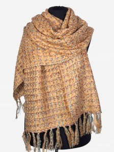 Szal zimowy damski, beżowy z zielenią i brązem