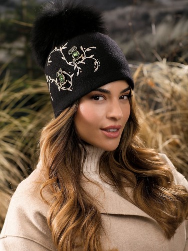 Wełniana czapka damska z pomponem KARES-018; WILLI, czarna