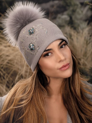 Wełniana czapka damska z pomponem MANTA-529; WILLI, szara