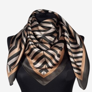 Chustka z jedwabiu naturalnego 86x86cm, 0008, wzór w beżowe i brązowe paski