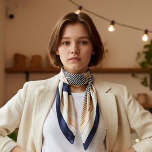 Jedwabna apaszka chustka, 13, odcienie beżu i granat