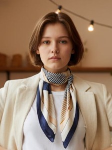 Jedwabna apaszka chustka, 13, odcienie beżu i granat