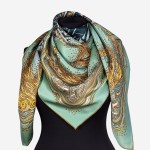 Dwustronna ekskluzywna duża chusta 106x106cm z naturalnego jedwabiu, D097, ręcznie wykończona