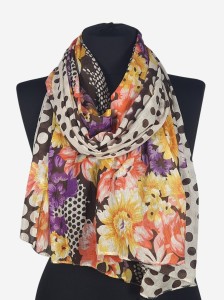 Szalik z bawełny, kwiaty i groszki na brązowym tle