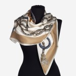 Chustka z jedwabiu naturalnego 86x86cm, 00048, modne wzory z beżem i granatem